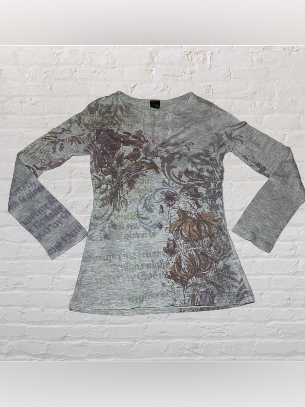 Pia Grey & Purple Vintage Trashy Y2K Floral Grunge Fairy Print Top Size Medium